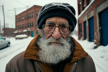portrait of old person, portrait of an elderly homeless man with a beard on a snowy street, A Heartbreaking Look at Homelessness in Winter, image created with ia - obrazy, fototapety, plakaty