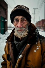 Close-up portrait of an elderly homeless man with a beard on a snowy street, Forgotten in the Cold: A Portrait of Homelessness, image created with ia