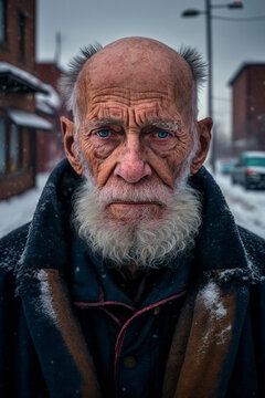 portrait of a person with a beard, Close-up portrait of an elderly homeless man with a beard on a snowy street, The Loneliness of Homelessness, image created with ia