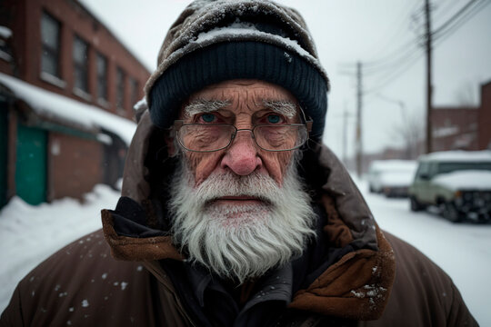 portrait of a man in winter, The Harsh Reality of Winter: A Homeless Man's Struggle, Close-up portrait of an elderly homeless man with a beard on a snowy street, image created with ia