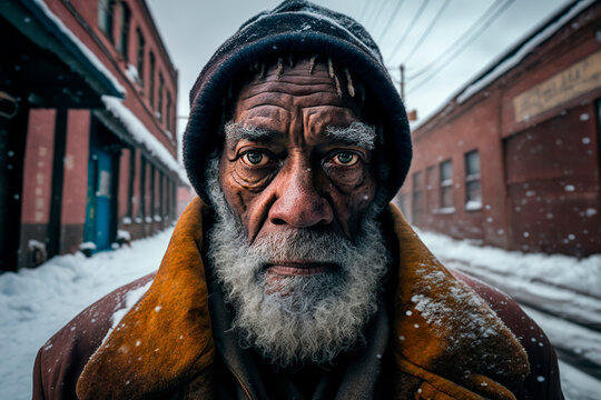 Close-up portrait of an elderly homeless man with a beard on a snowy street, Close-up portrait of an elderly homeless man with a beard on a snowy street, image created with ia