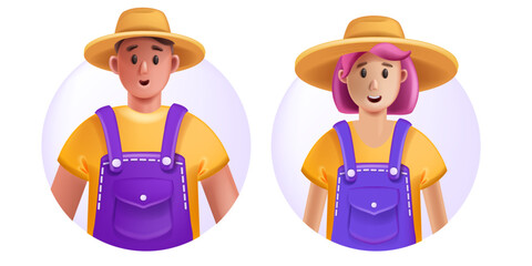 3D farmer avatar icon, cartoon female male gardener character vector smiling young face sun hat. Summer working confident woman man, professional successful person portrait. 3D farmer illustration