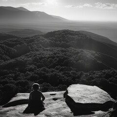 A walker meditating on top of the mountain, vintage style - Generative AI
