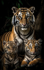 portrait of a tiger family in the jungle