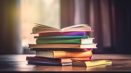 Fototapeta premium Stack of books in the colored cover lay and open book with old pages on the wooden table and pastel backround. Education learning concept. Generative Ai