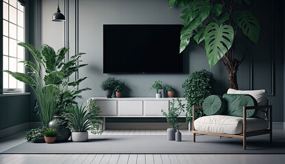 Minimal living room with interior sofa and green nature tropical plant decoration, foliage leaves nature forest theme concepts, Home decoration mock up, with Generative AI.