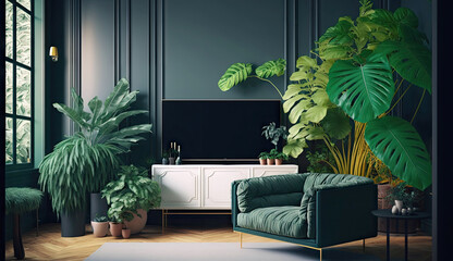 Minimal living room with interior sofa and green nature tropical plant decoration, foliage leaves nature forest theme concepts, Home decoration mock up, with Generative AI.