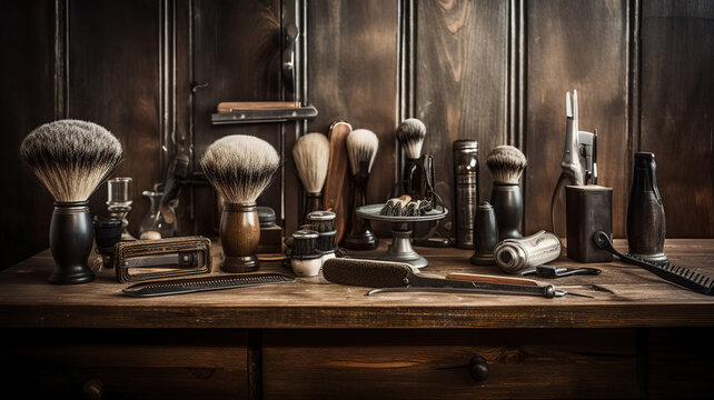 Vintage barber shop tools on wood background. Generative Ai