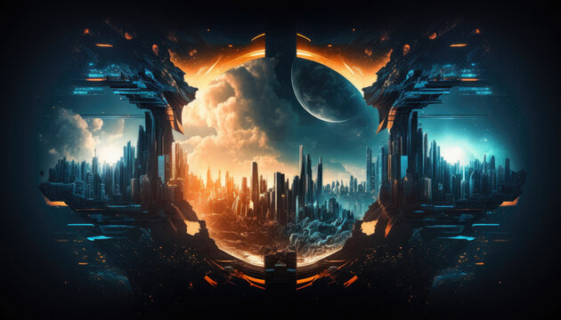 Mega capital city futuristic Sci-fi town background, sci-fi landscape fantastic, alien city planet society, night scene with stars and planet, with Generative AI.