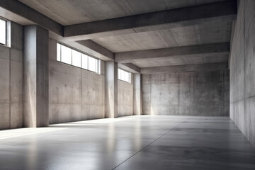 Empty exhibition space, industrial interior background. Generative AI
