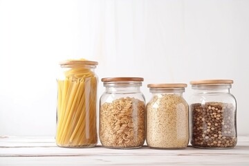 Set in cereals in the jar of glass on a white background, pasta rice chickpeas lentils oats, millet, healthy eating and diet concept