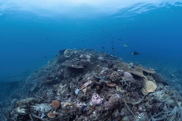 Plastic waste and trash under water in the ocean. Climate change, the concept of protecting the environment