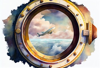 Watercolor Illustration of a Airplane Window Porthole. Generative AI