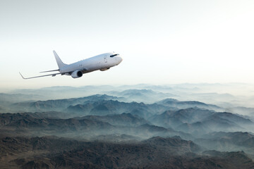 Fototapeta na wymiar Boeing 737 überfliegt eine Landschaft 