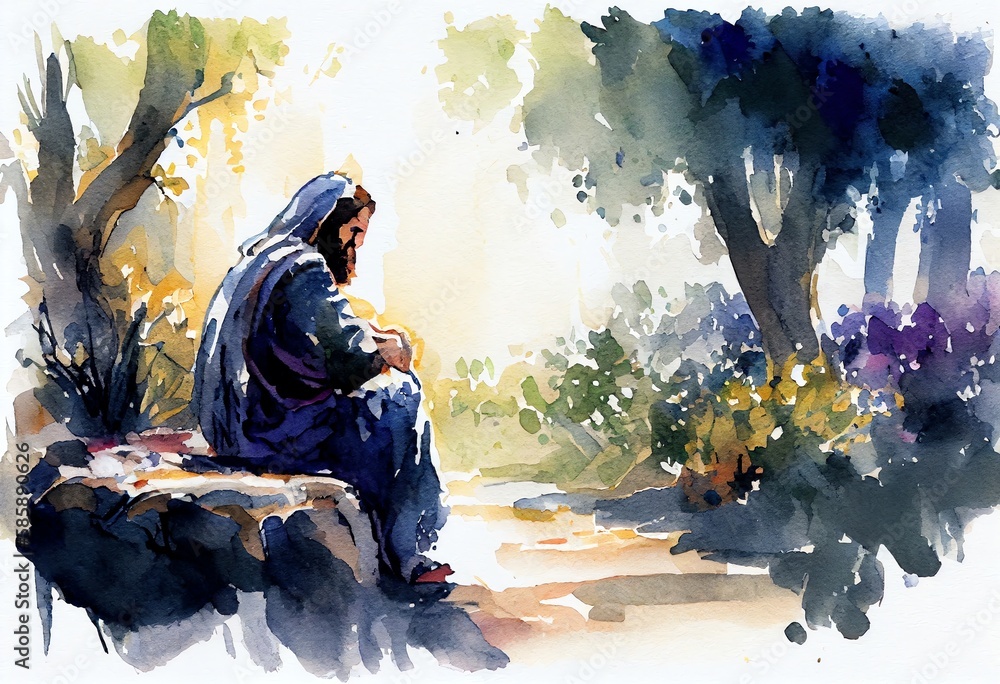 Sticker watercolor illustration of a jesus praying in the garden of gethsemane oil painting. generative ai