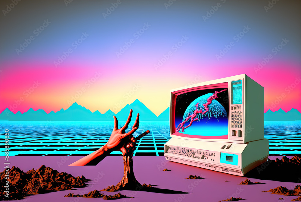 Poster surreal vaporwave composition with old computer and distorted hands. 80s styled digital objects coll