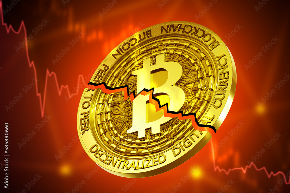 Poster bitcoin falling in value. broken btc coin. fall in value of cryptocurrencies. decreased confidence i