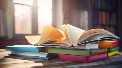Stack of books in the colored cover lay and open book with old pages on the wooden table and pastel backround. Education learning concept. Generative Ai