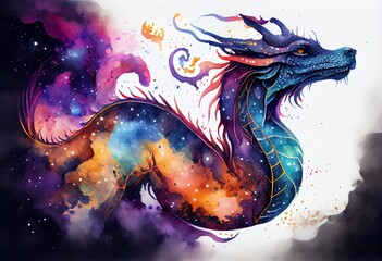 Watercolor Illustration of a Mesmerizing Cosmos Dragon With Universe And Colorful Galaxies Inside It, Fictional Background. Generative AI