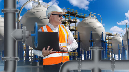 Gas compressor station engineer. Man with laptop. Maintenance of gas storage tanks. Factory engineer looks away. Spherical tanks on territory plant. Factory manager in work uniform. Career engineer