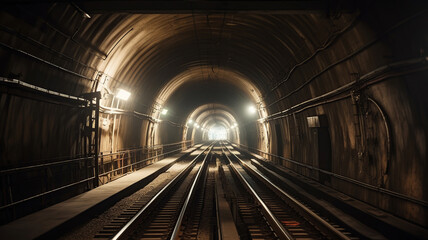 Subway tunnel with blurred light tracks with arriving train in the opposite direction. Generative Ai