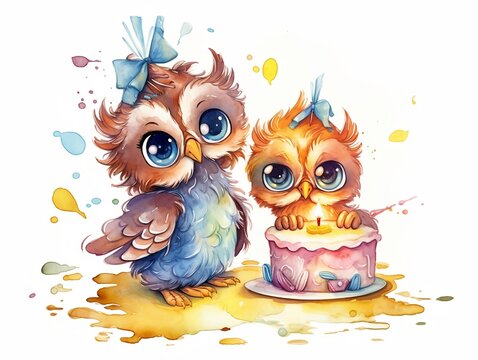 baby owl playing with birthday cake - watercolor illustration on transparent background, ideal for pet lovers, pet-themed designs, and birthday celebration projects. generative ai