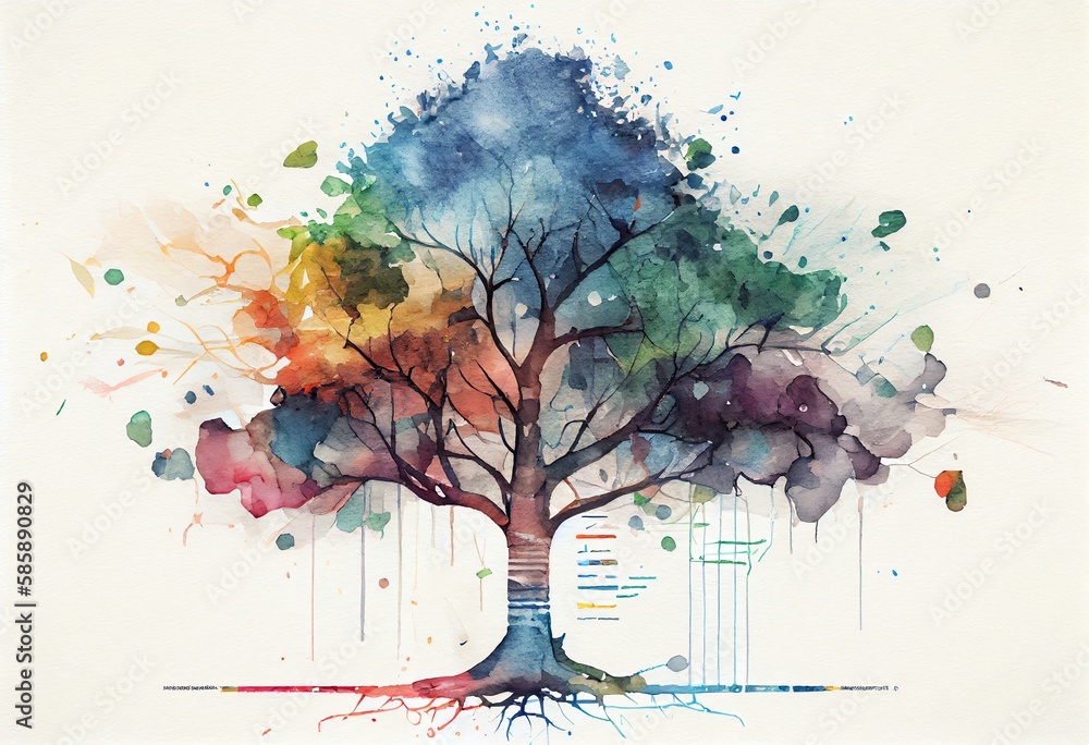 Poster watercolor illustration of a tech tree, abstract data technology and data science illustration. gene