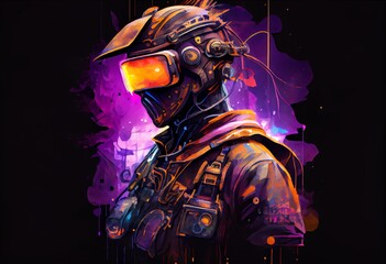 Watercolor Illustration of a Steampunk Cyborg Wearing Vr Helmet On Dark Background. Virtual Simulation And Metaverse Concept. Retro Player Character In Computer Game Interface. Generative AI