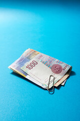 Paper clip holding some old French money bills.