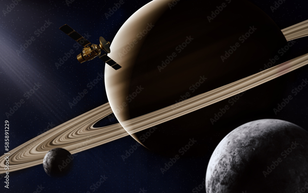 Wall mural 3d render, gas giant planet in deep space. saturn planet and rings close-up