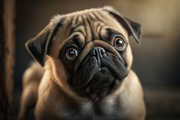 Obraz premium Pug head portrait, pug looking at the camera, close-up of pug, generative ai
