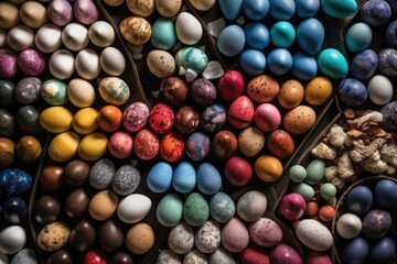 top view of Background with Easter Eggs,generative ai.