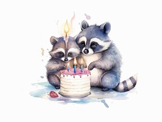 baby raccoon playing with birthday cake - watercolor illustration on transparent background, ideal for pet lovers, pet-themed designs, and birthday celebration projects. generative ai