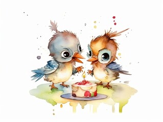 baby sparrow playing with birthday cake - watercolor illustration on transparent background, ideal for pet lovers, pet-themed designs, and birthday celebration projects. generative ai
