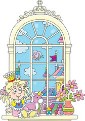 Funny little princess in a gold crown playing with her toy unicorn at a large window in a magnificent hall of a royal palace in a fairytale kingdom, vector cartoon illustration on white