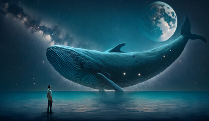 a man is standing in front of a huge whale that has just jumped out of the sea, the sky is full of stars, and the sea reflects the light of the moon. A strange and mysterious dream
