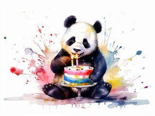 happy panda playing with birthday cake - watercolor illustration on transparent background, ideal for pet lovers, pet-themed designs, and birthday celebration projects. generative ai