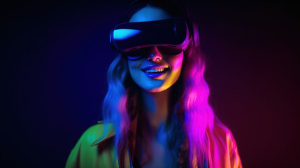 Portrait of an African-American woman in astonishment wearing a virtual reality headset. Vivid colors neon glowing HMD generative ai - obrazy, fototapety, plakaty