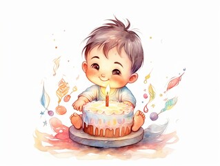 baby boy playing with birthday cake - watercolor illustration on transparent background, ideal for pet lovers, pet-themed designs, and birthday celebration projects. generative ai