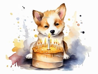 baby dog playing with birthday cake - watercolor illustration on transparent background, ideal for pet lovers, pet-themed designs, and birthday celebration projects. generative ai