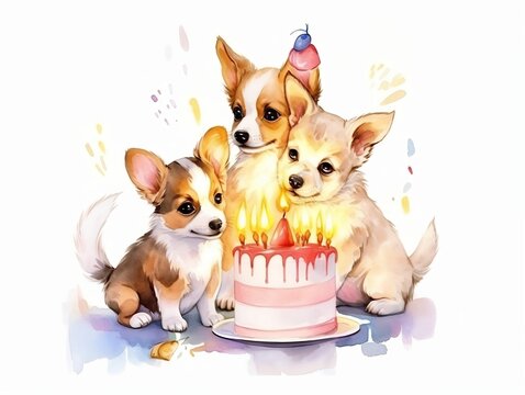 baby dogs playing with birthday cake - watercolor illustration on transparent background, ideal for pet lovers, pet-themed designs, and birthday celebration projects. generative ai