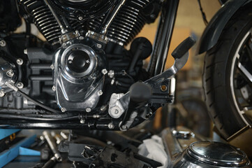 Closeup detailed shot of motorcycle gears and spare part