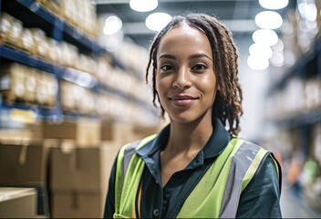 Portrait of confident female warehouse worker smiling for camera in work environment. Generative AI