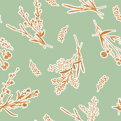 Floral blossom seamless pattern. Trendy field small flower vector texture. Blooming botanical motifs scattered random. Ditsy print. Hand drawn wild meadow flowers silhouettes on green background