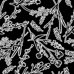 Floral blossom seamless pattern. Trendy field small flower vector texture. Blooming botanical motifs scattered random. Ditsy print. Hand drawn wild meadow flowers silhouettes on black background