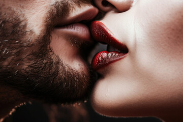 The power of a kiss, sexy beautiful red lips woman kissing seductive beard man, erotic, glamour, sensual closeup couple kiss AI Generative  - obrazy, fototapety, plakaty