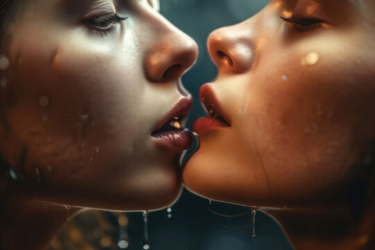 The power of lesbian in love kissing, sexy seductive sensual kiss closeup lgbt passion ai generative