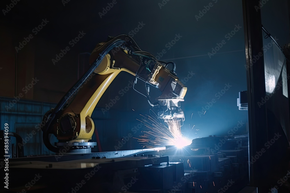 Poster robotic arm works on welding. conveyor line at factory. automatic welding. created with generative a