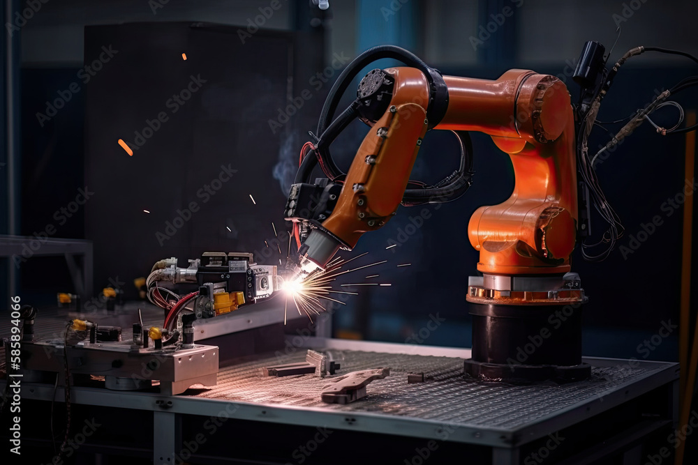 Aufkleber robotic arm works on welding. conveyor line at factory. automatic welding. created with generative a