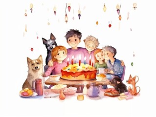 happy puppies playing with birthday cake - watercolor illustration on transparent background, ideal for pet lovers, pet-themed designs, and birthday celebration projects. generative ai